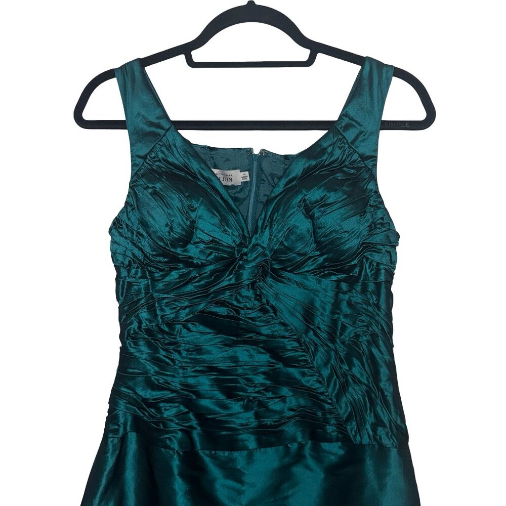 Teri Jon Rickie Freeman Women's MetallicEmerald 100% Silk Sleeveless Gown  Sz 14 - Picture 3 of 13